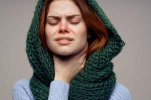 red haired woman flu infection virus severe allergic reactions health care isolated background