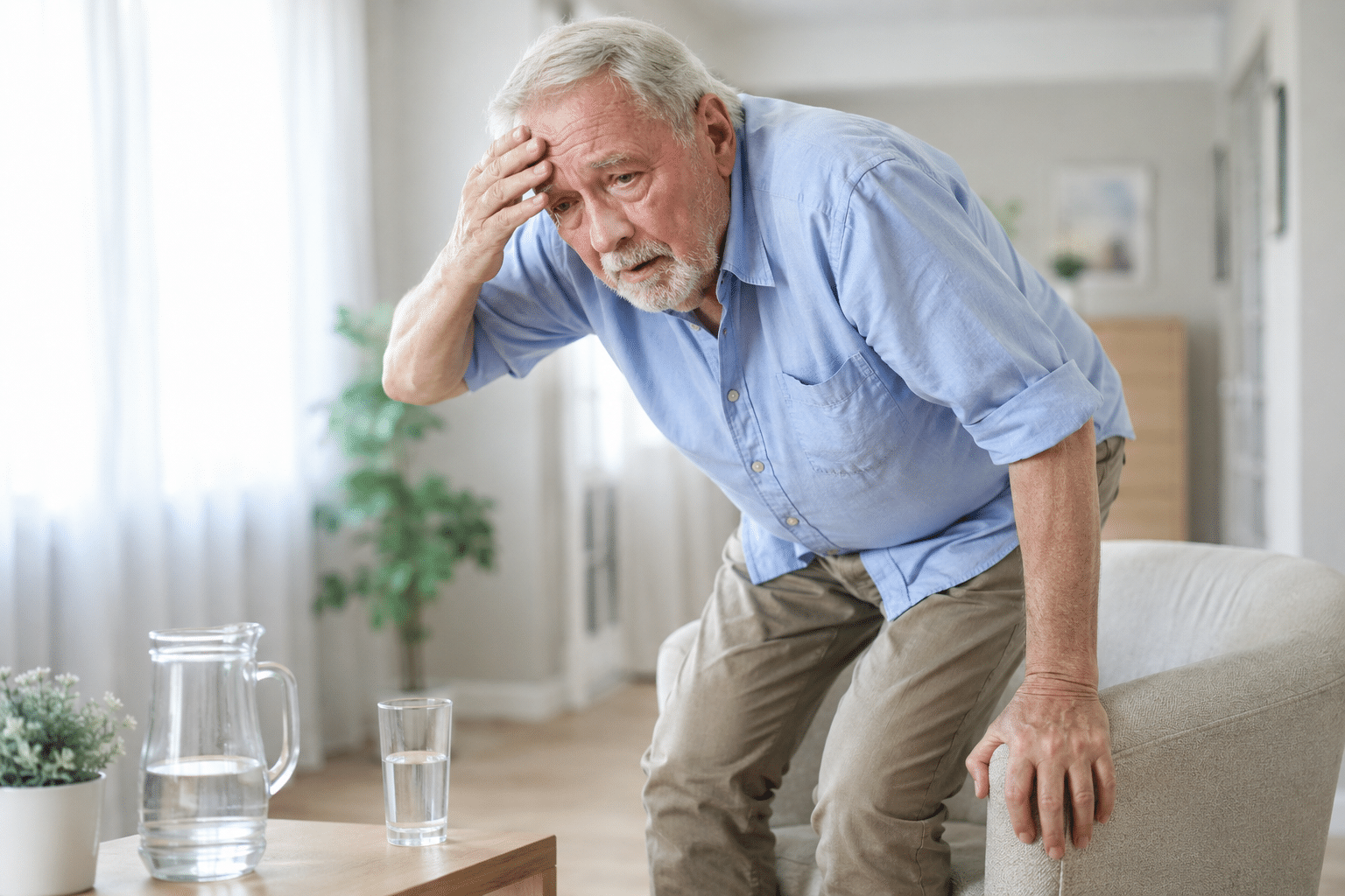 Elderly man seeking support in calm home- deyhrated