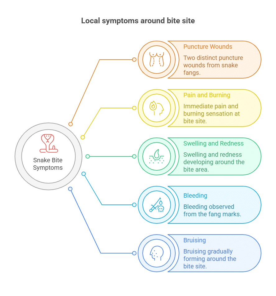local snakebite symptoms around bite site