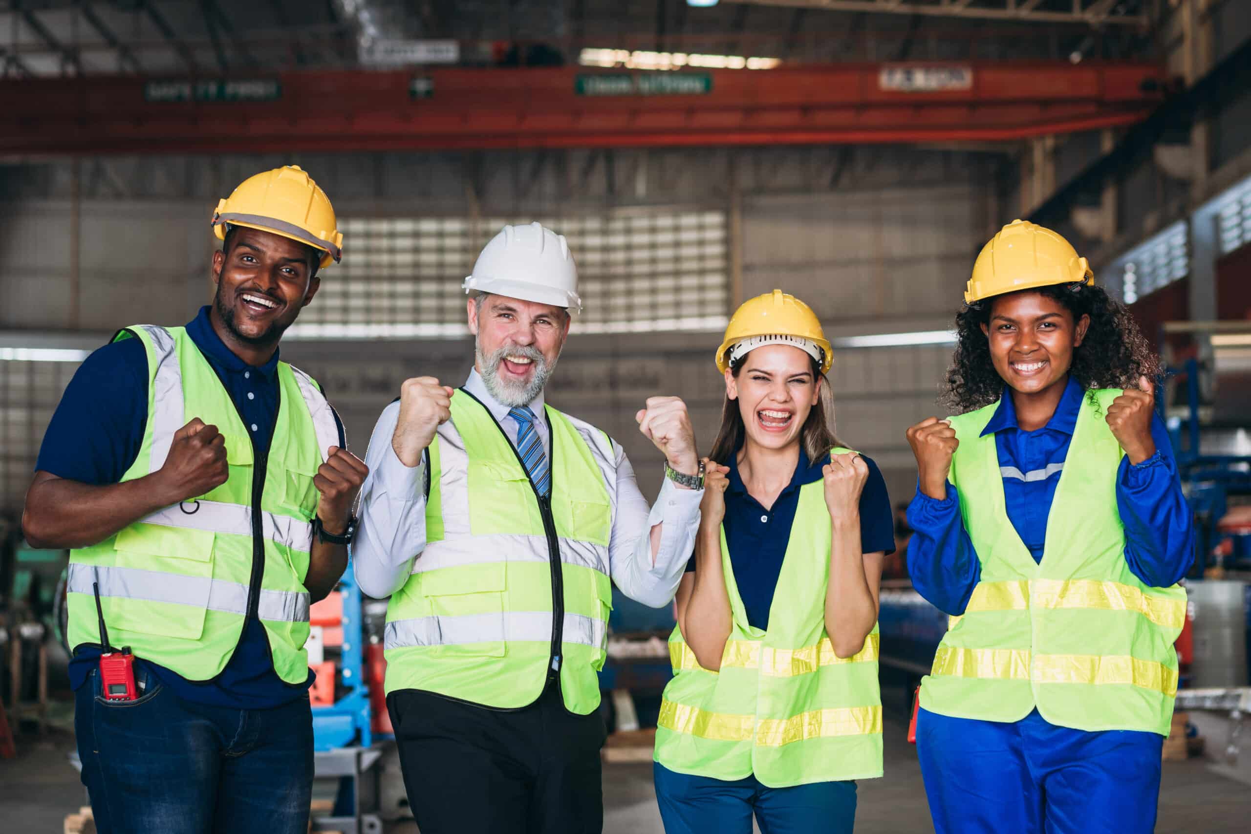 World Day for Safety and Health at Work 2026 - Team engineers and foreman stack hand and shake hands to show success at factory machines. Worker industry join hand for collaboration.