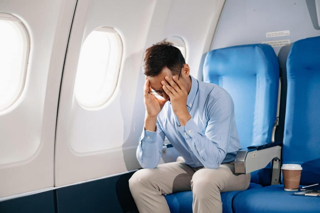 fear of flying - Asian male passenger of airplane sitting in comfortable seat.