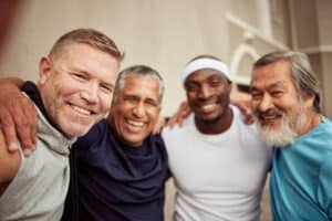 Mens health week - Senior men, fitness and smile portrait outdoor together for exercise motivation, retirement health .