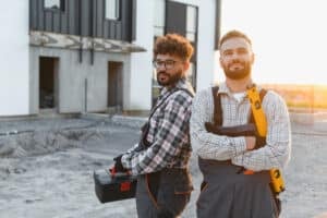 Tradies National Health Month 2026 - Two skilled construction workers standing outdoors on a building site, one holding a toolbox, the other with a spirit level