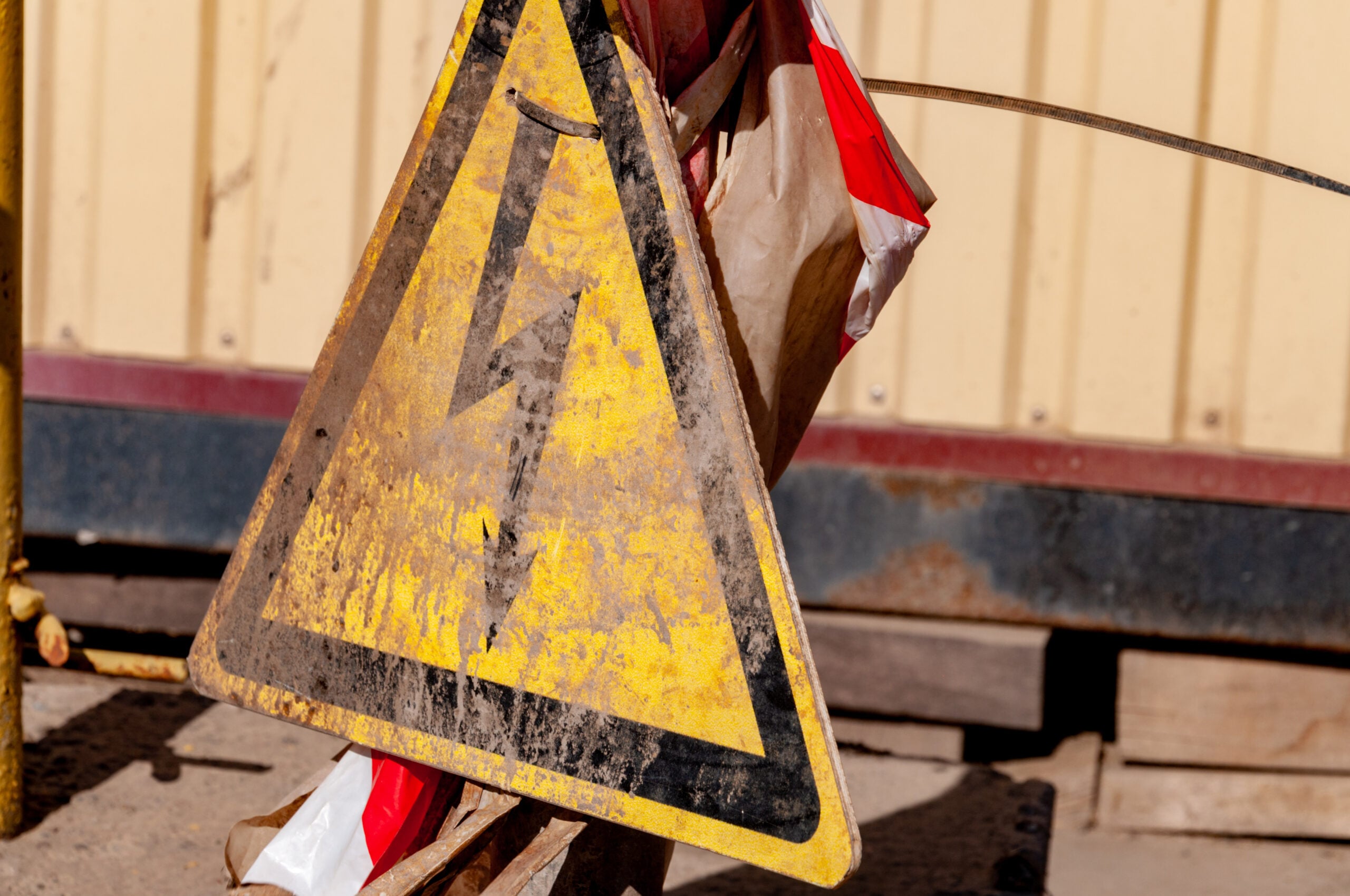 White card test - Hazards - Triangle shaped caution sign about high voltage danger. Danger sign splashed by dirt. Warning symbol. Industrial road sign closeup. Black and yellow danger sign with red and white caution tape